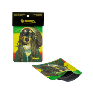 Bustine G-Rollz Raggae 100×125 mm, confezione da 8 pezzi antiodore richiudibili con grafica cane in stile Bob Marley | GrowLab