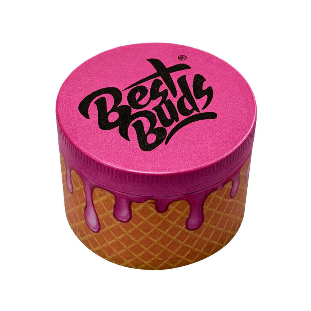 Grinder Best Buds Gelato Raspberry Cone a 4 parti con coperchio fucsia e grafica effetto cialda | GrowLab