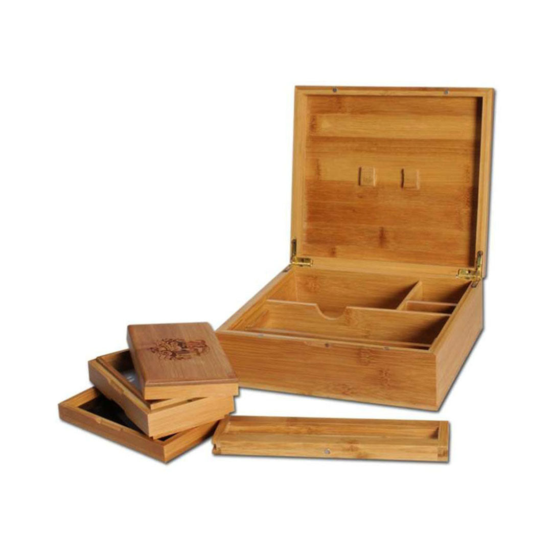 Black Leaf Bamboo Stoner Box II in bamboo naturale con scomparti per grinder, portaspettini e vano pollen screen | GrowLab