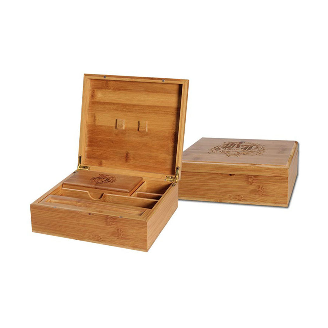 Black Leaf Bamboo Stoner Box II in bamboo naturale con scomparti per grinder, portaspettini e vano pollen screen | GrowLab