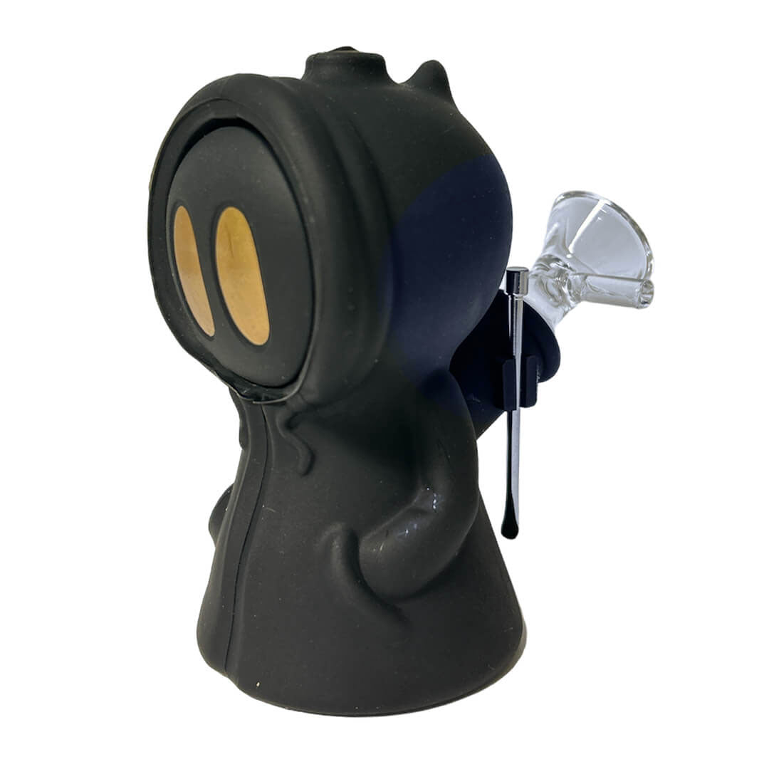 Pipa Urban Crew Death in silicone nero con occhi dorati, braciere in vetro e utensile metallico | GrowLab