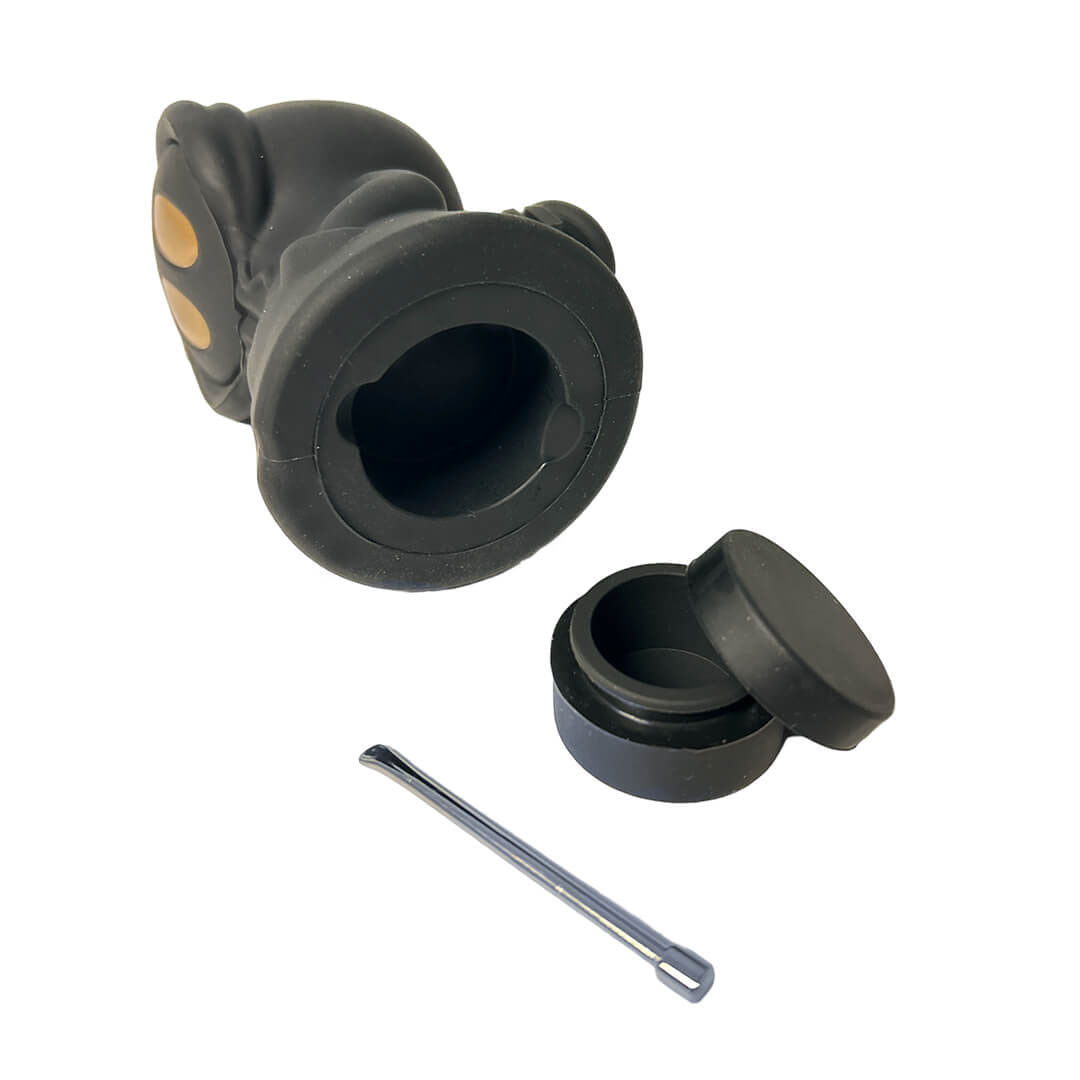 Pipa Death nera con contenitore in silicone estratto dalla base e utensile metallico | GrowLab