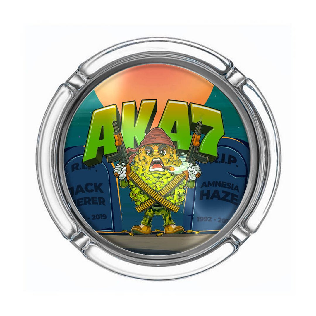 Posacenere in vetro Best Buds con grafica AK-47, resistente e decorativo | GrowLab