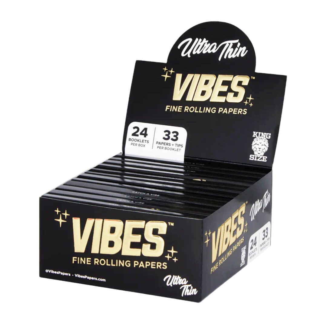 Confezione VIBES con 33 cartine King Size Slim Ultra Thin extra sottili e 33 filtri in cartoncino | GrowLab