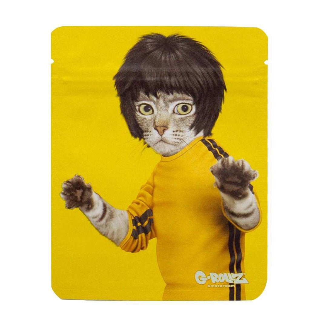 Bustine G-Rollz Kung Fu 65×85 mm, confezione da 10 pezzi antiodore richiudibili con grafica gatto stile Bruce Lee | GrowLab