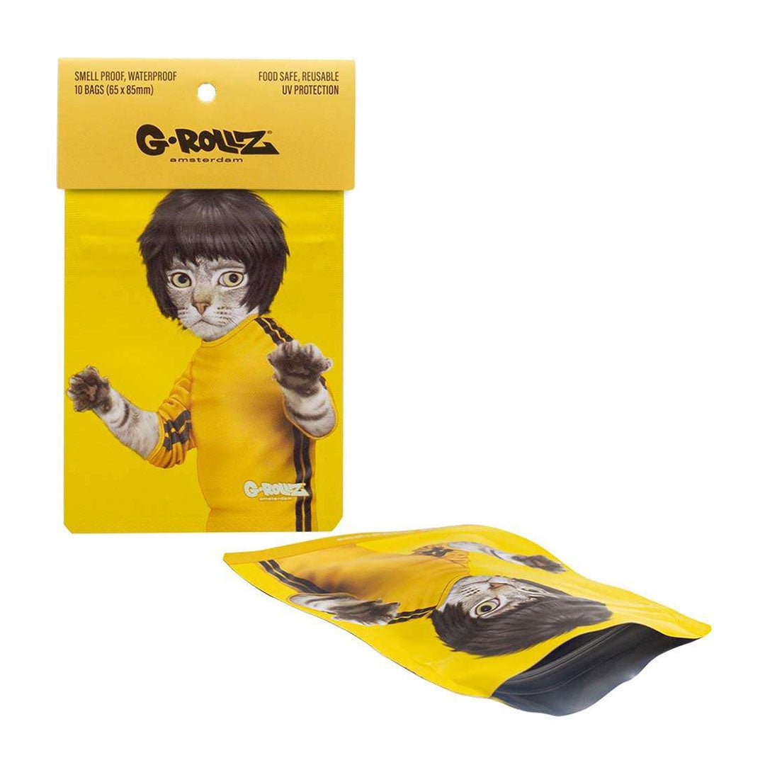 Bustine G-Rollz Kung Fu 65×85 mm, confezione da 10 pezzi antiodore richiudibili con grafica gatto stile Bruce Lee | GrowLab