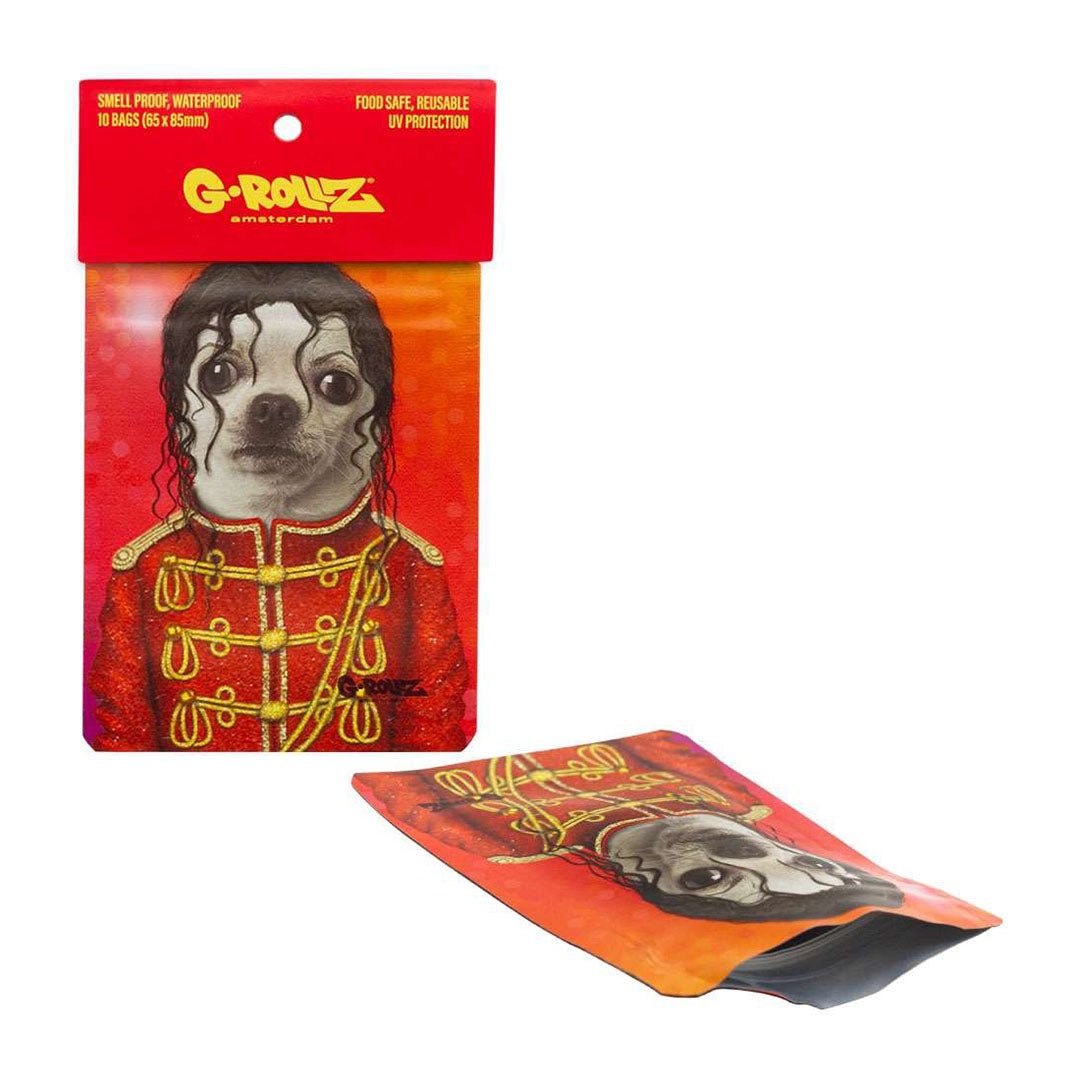 Bustine G-Rollz Pop 65×85 mm, confezione da 8 pezzi antiodore richiudibili con grafica cane in stile Michael Jackson | GrowLab
