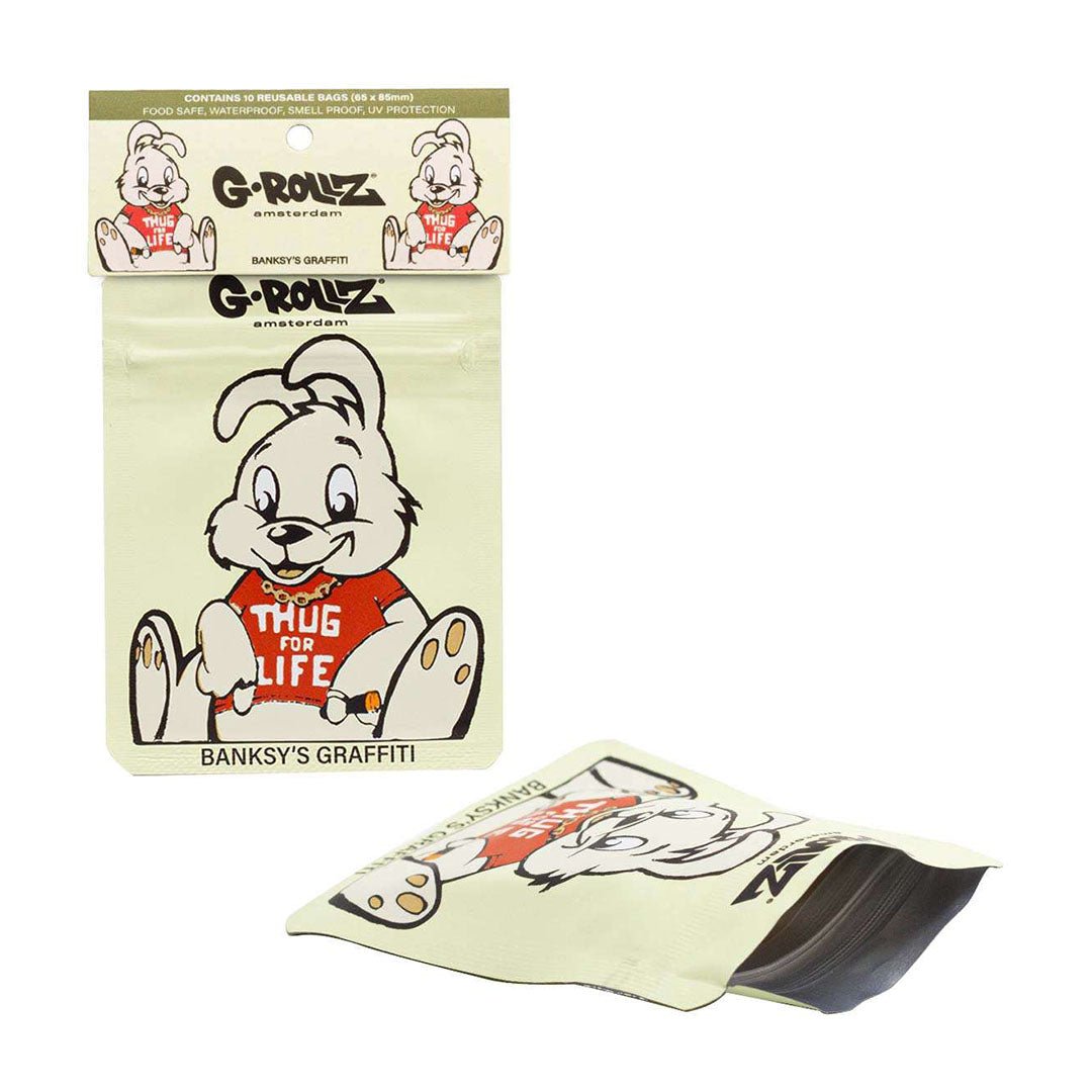Bustine G-Rollz Thug for Life 65×85 mm, confezione da 10 pezzi antiodore richiudibili con grafica coniglietto in t-shirt | GrowLab