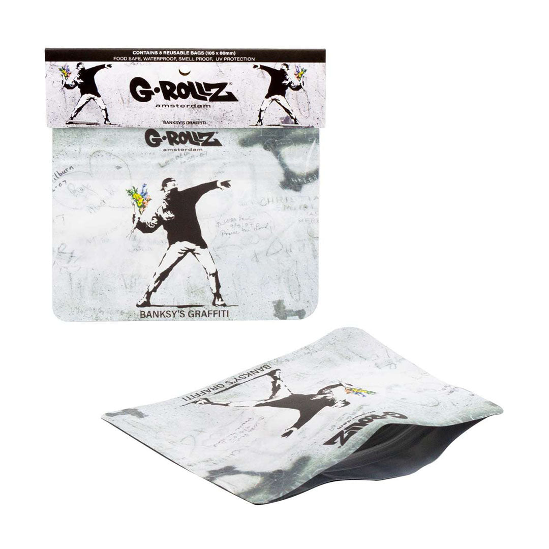 Bustine G-Rollz Flower Thrower 105×80 mm, confezione da 8 pezzi antiodore richiudibili con grafica Banksy | GrowLab