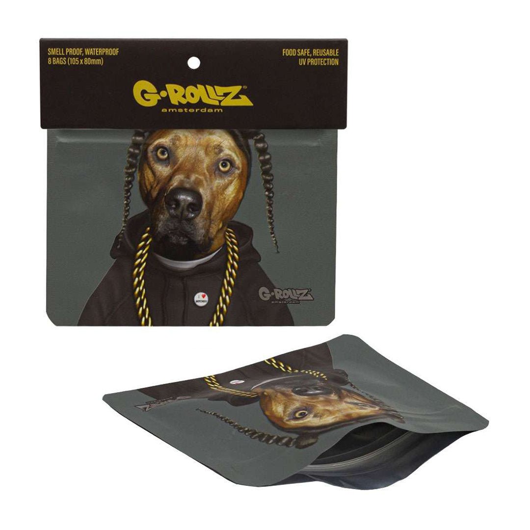 Bustine G-Rollz Rap 105×80 mm, confezione da 8 pezzi antiodore richiudibili con grafica hip-hop ispirata a Snoop Dogg | GrowLab