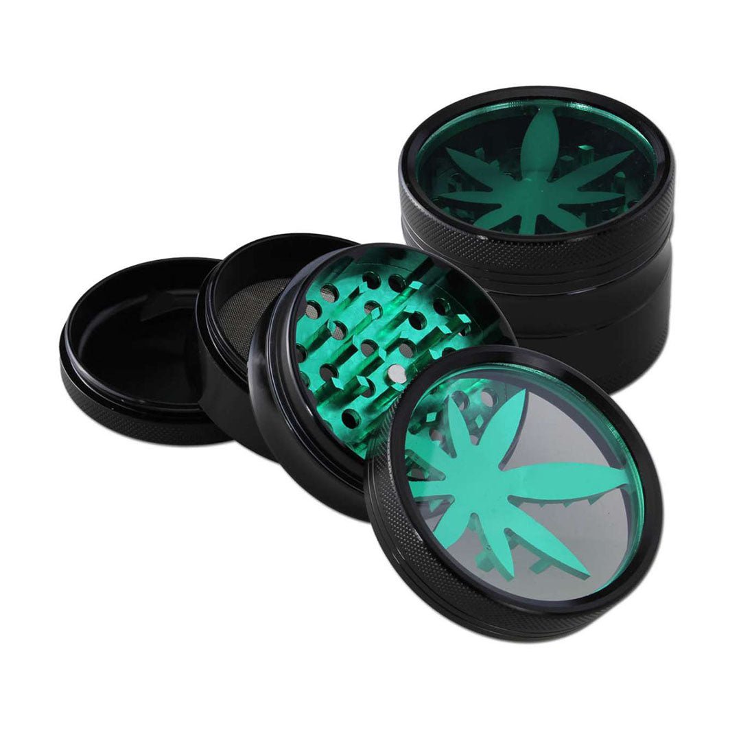 Grinder in alluminio a 4 parti con finestra sul coperchio e denti sagomati a foglia di cannabis, diametro 65 mm e altezza 50 mm | GrowLab