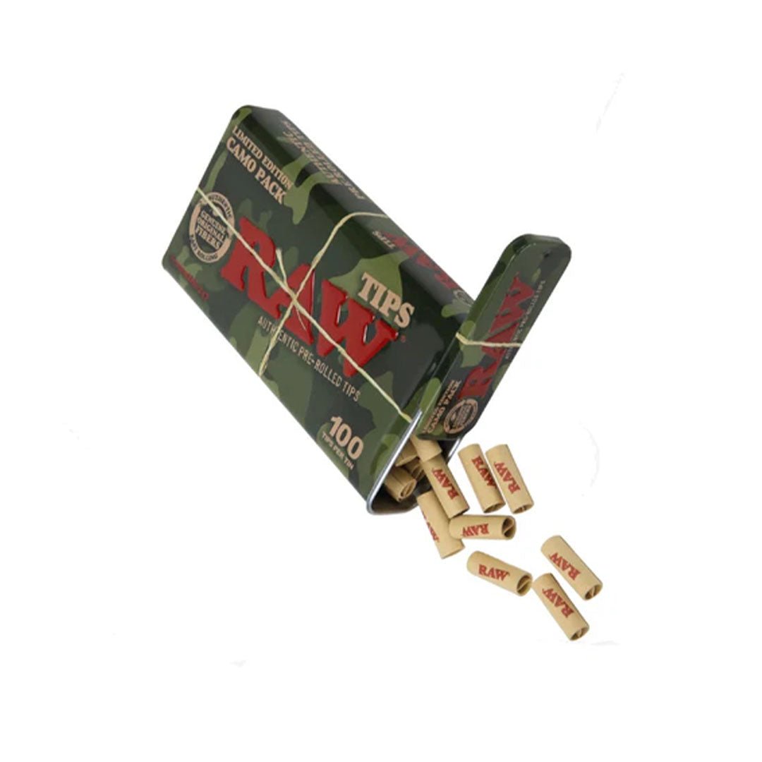 Box metallo camouflage RAW con 100 filtri pre-rollati in carta naturale non sbiancata | GrowLab
