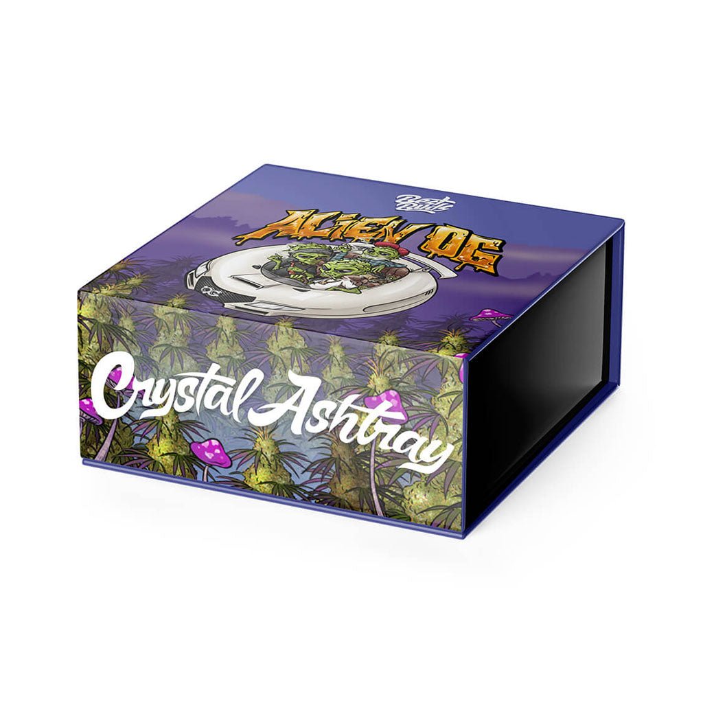 Scatola Crystal Ashtray Alien OG con disegno alieni in giungla viola | GrowLab