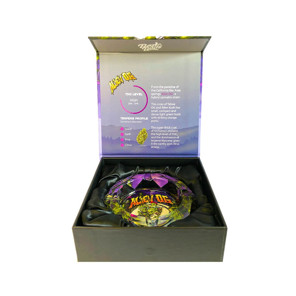 Interno confezione Alien OG Best Buds con posacenere su velluto | GrowLab