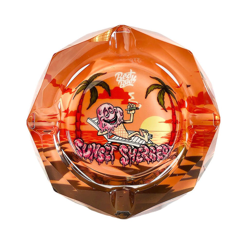 Posacenere Best Buds Sunset Sherbert in cristallo arancione con palme e gelato cartoon | GrowLab