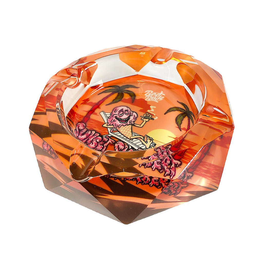 Vista dall’alto del posacenere Sunset Sherbert Best Buds con grafica estiva | GrowLab