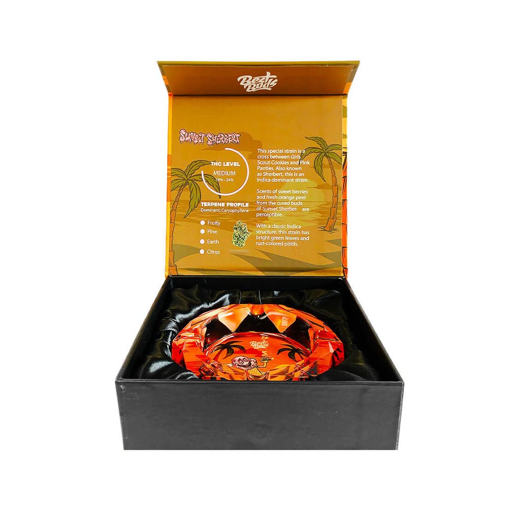 Interno della scatola Best Buds Sunset Sherbert con posacenere in velluto | GrowLab