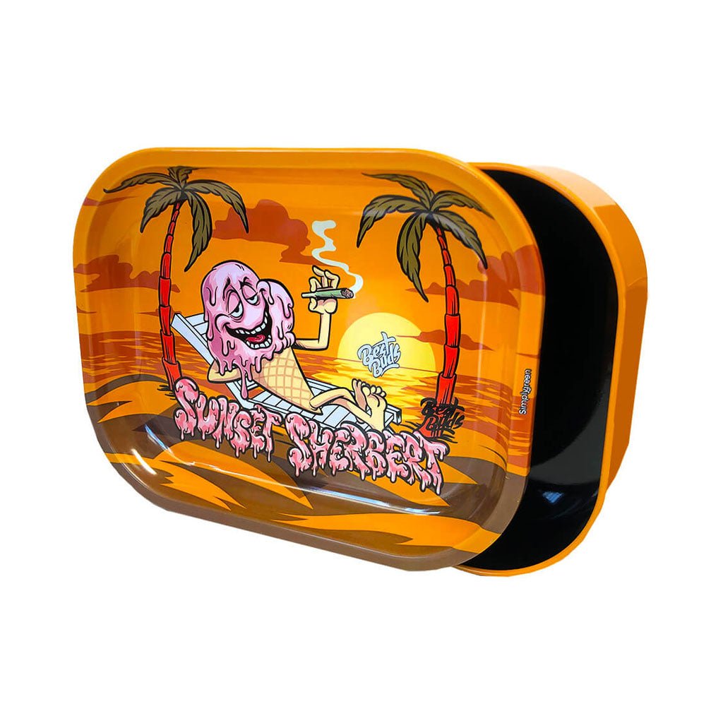 Vassoio per rollare Best Buds con box integrato e grafica Sunset Sherbert, compatto e colorato | GrowLab