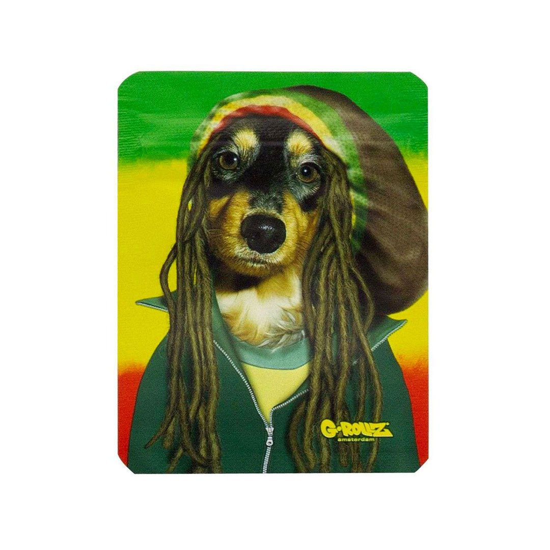 Bustine G-Rollz Raggae 100×125 mm, confezione da 8 pezzi antiodore richiudibili con grafica cane in stile Bob Marley | GrowLab