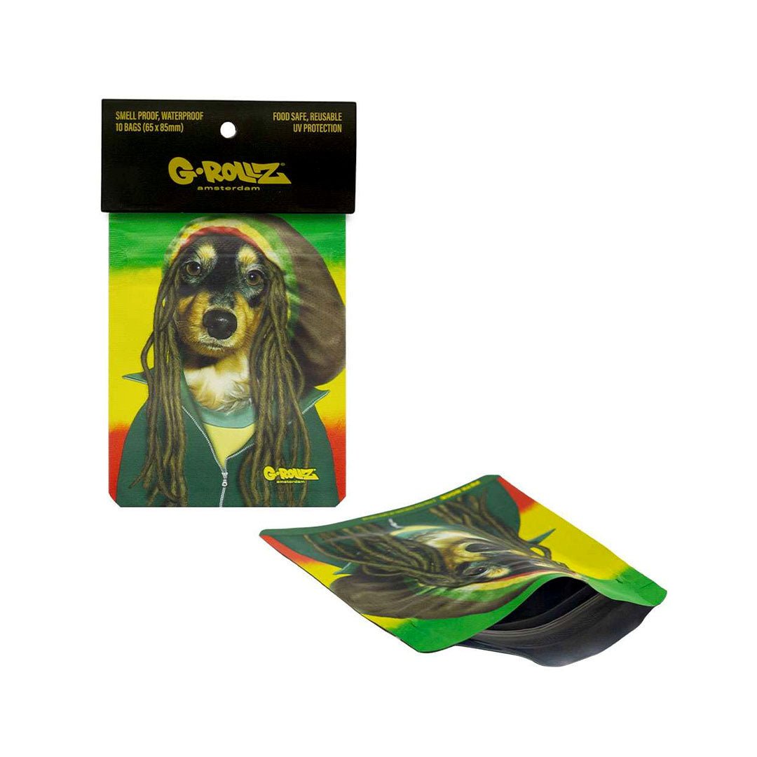 Bustine G-Rollz Raggae 100×125 mm, confezione da 8 pezzi antiodore richiudibili con grafica cane in stile Bob Marley | GrowLab
