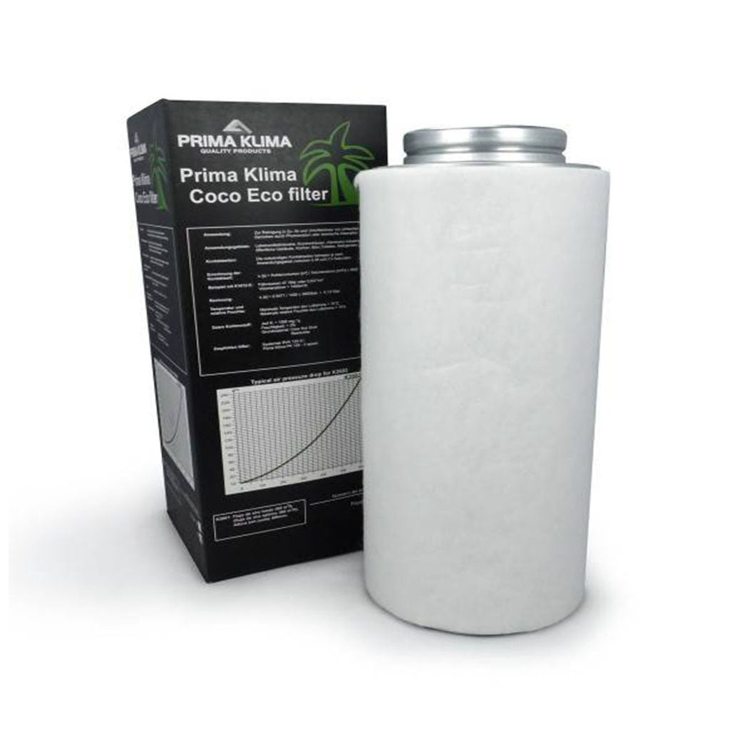 Filtro a carboni Prima Klima Eco Line antiodori, disponibile nei diametri 100 mm, 125 mm e 150 mm, struttura metallica con pre‑filtro integrato | GrowLab