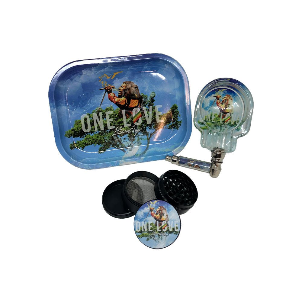 Smoking Kit 4x1 Bob Marley “One Love” con vassoio, grinder, posacenere e e pipa | GrowLab