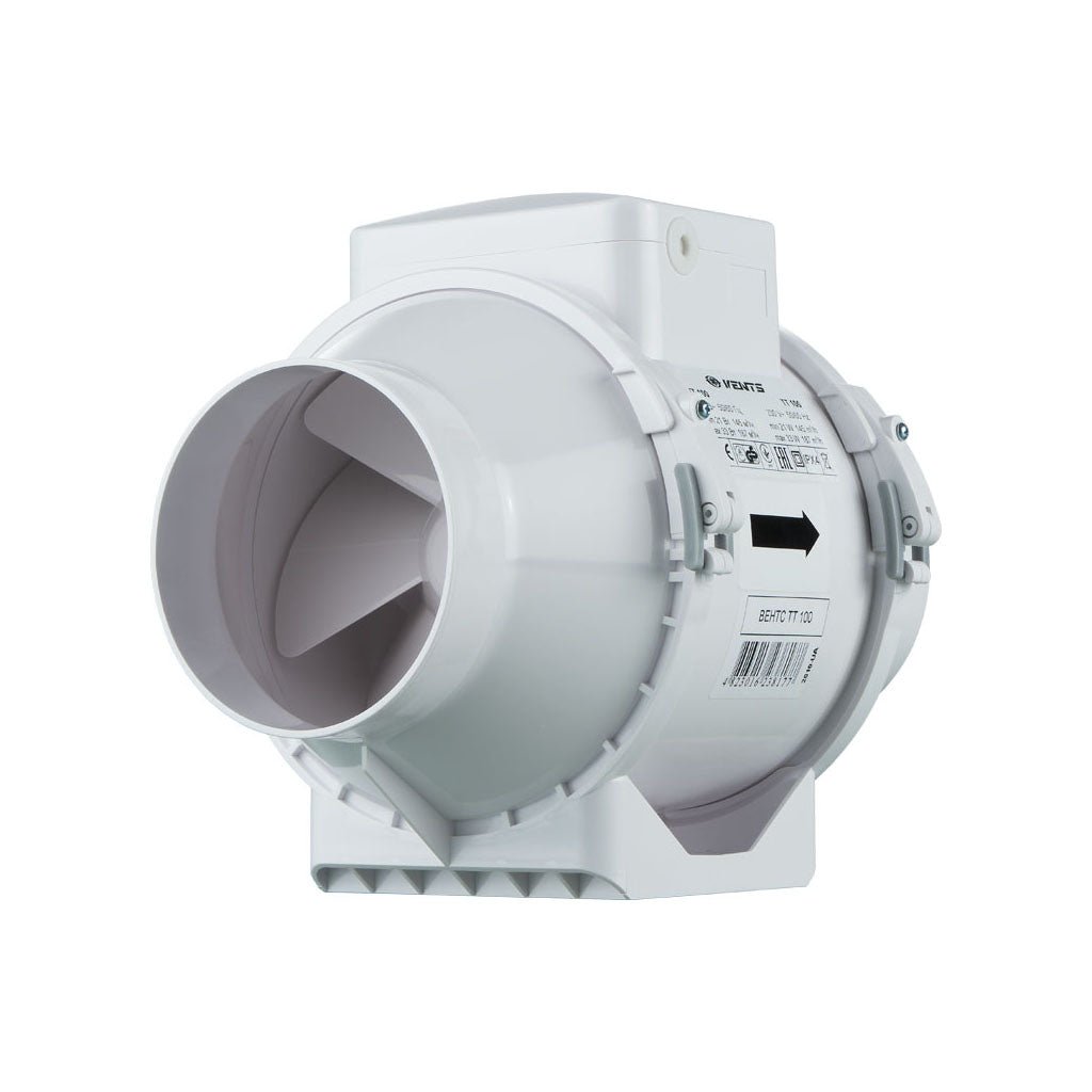 Estrattore inline Vents TT Turbo Tube in plastica bianca, modelli Ø 100 mm, 125 mm e 150 mm, con ingresso/uscita circolari e motore on‑board | GrowLab